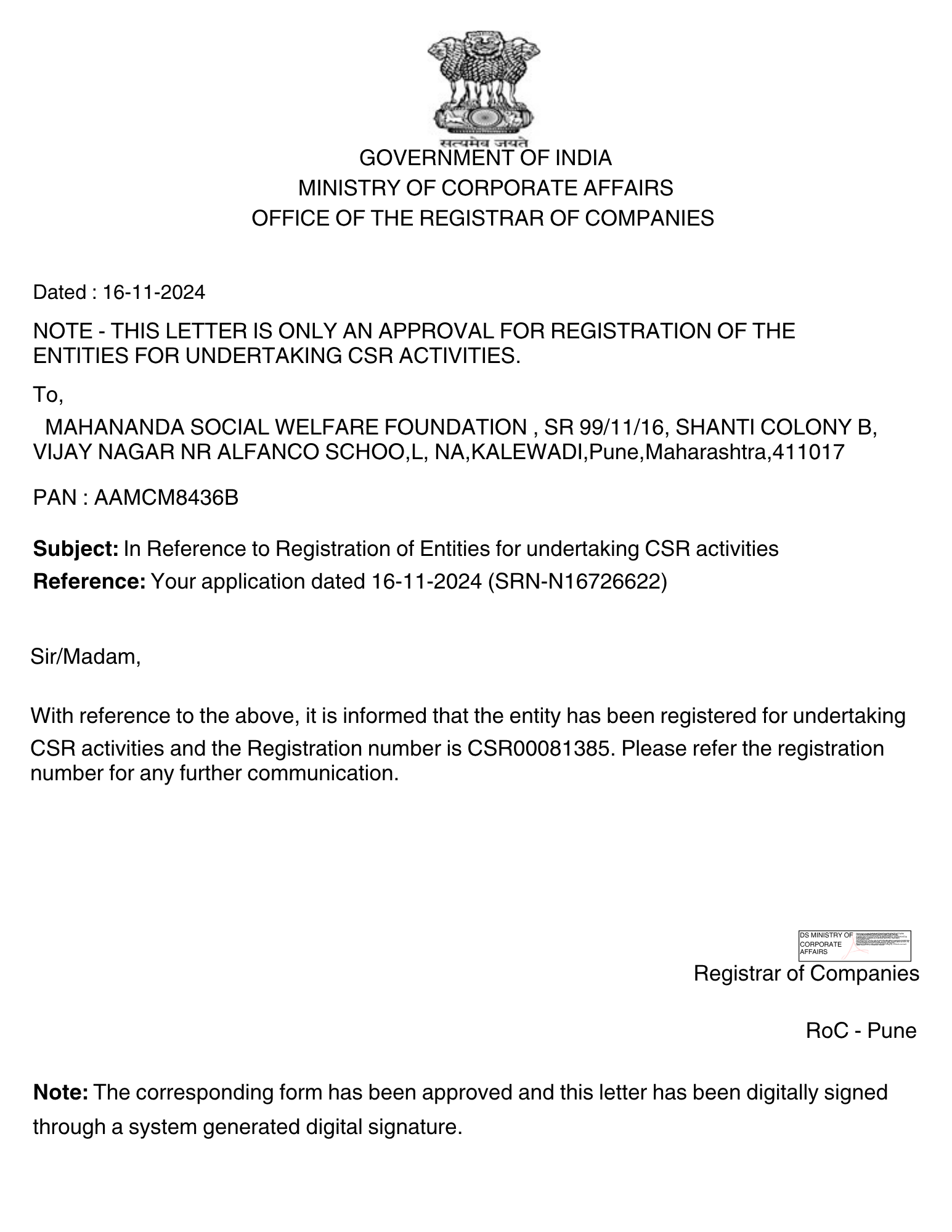 CSR Registration Certificate