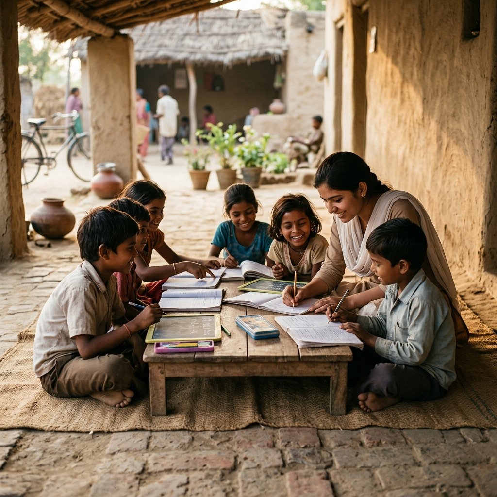 Indian children studying together in a rural setting, guided by a volunteer