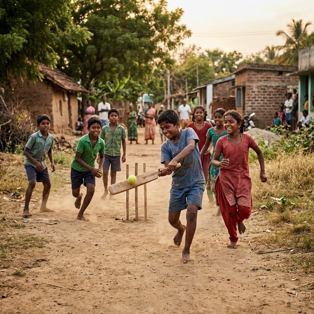 Indian children actively and joyfully playing sports in an outdoor ground