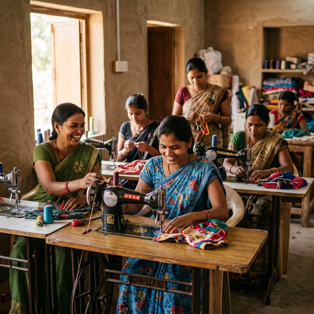 Indian women confidently working together in a skill development center